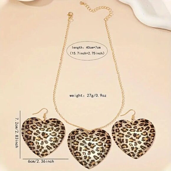 Statement Necklace & Earrings 3pc Leopard Print Heart Bold Dangle Stylish Trendy - Picture 4 of 4